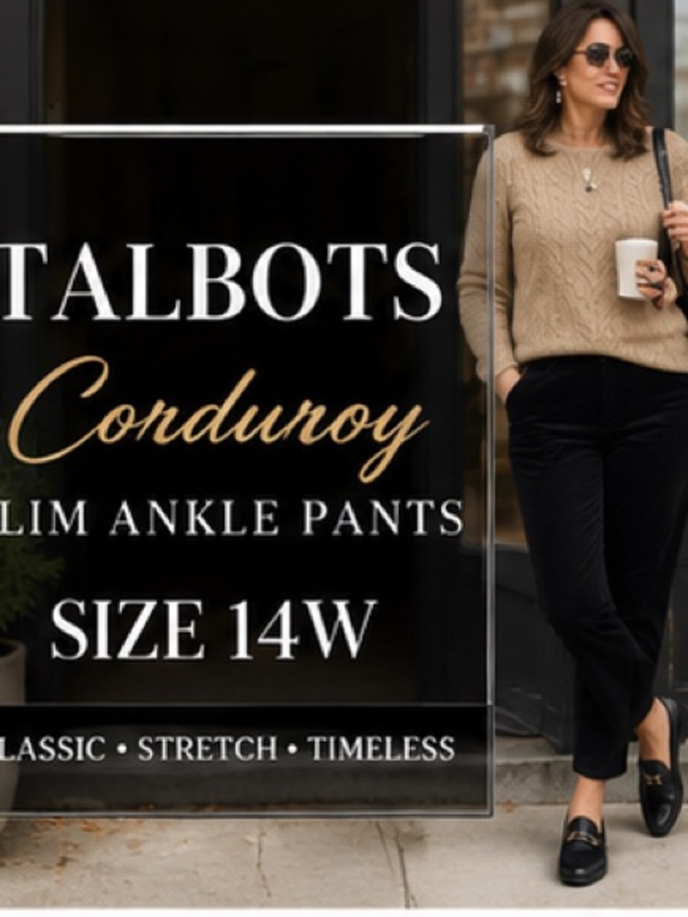 Talbots 14W Black Corduroy Slim Ankle Pants Plus Size Stretch Cotton Career